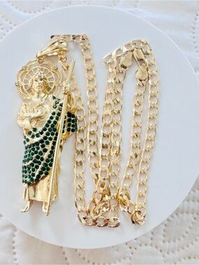 14K Gold Plated Saint Jude Pendant Necklace with Green Crystal Accents. New